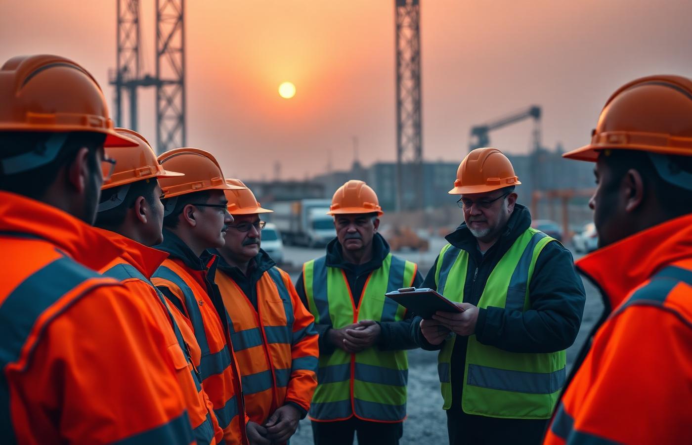 Site safety briefing with workers in personal protective equipment